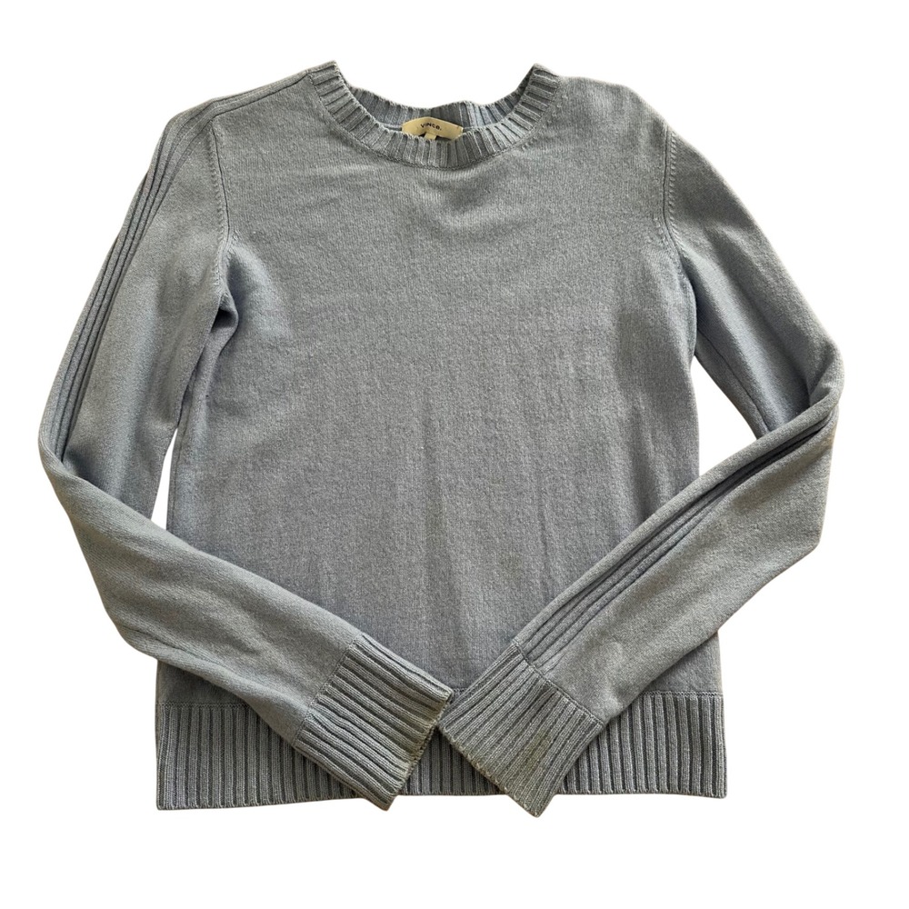 Vince Womens Light Blue 100% Cashmere Ribbed Trim Crew Neck Sweater Small